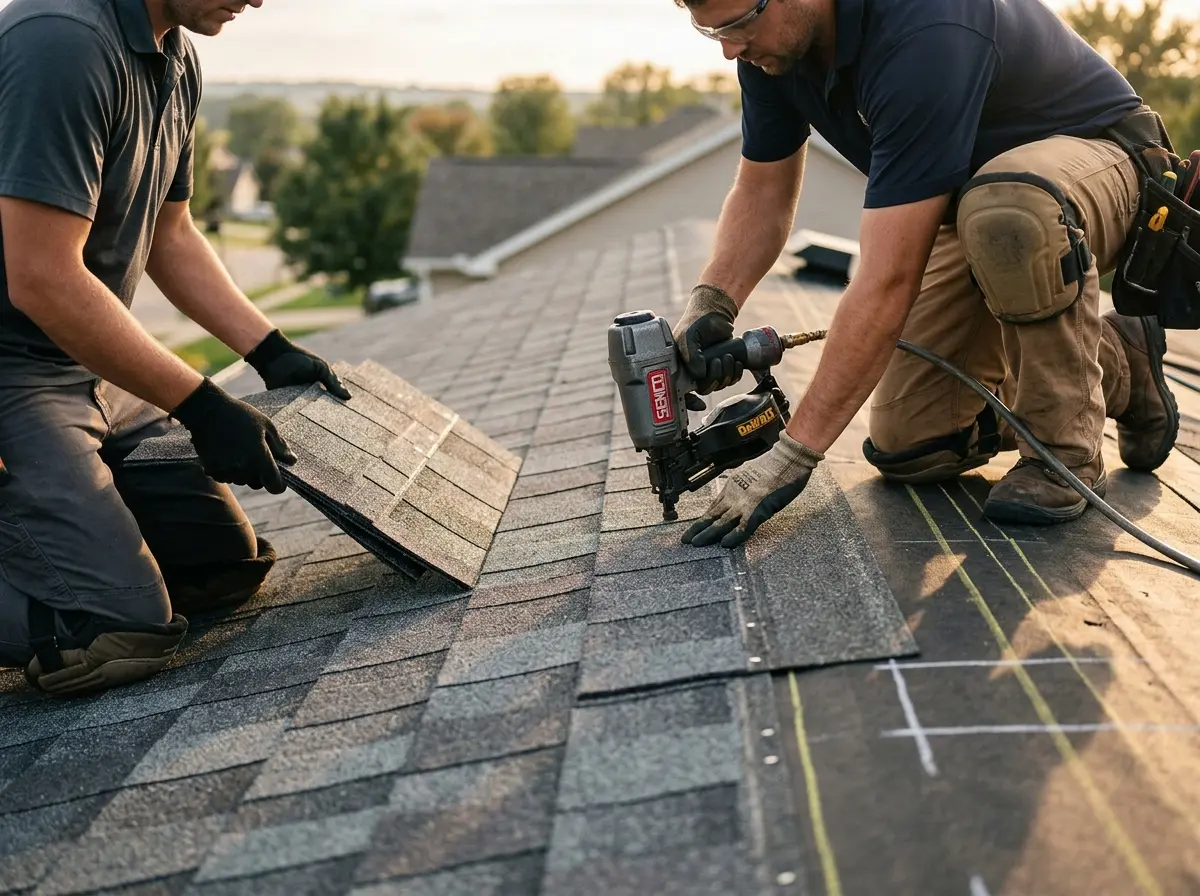 Professional roofer working on a residential roof in Redford